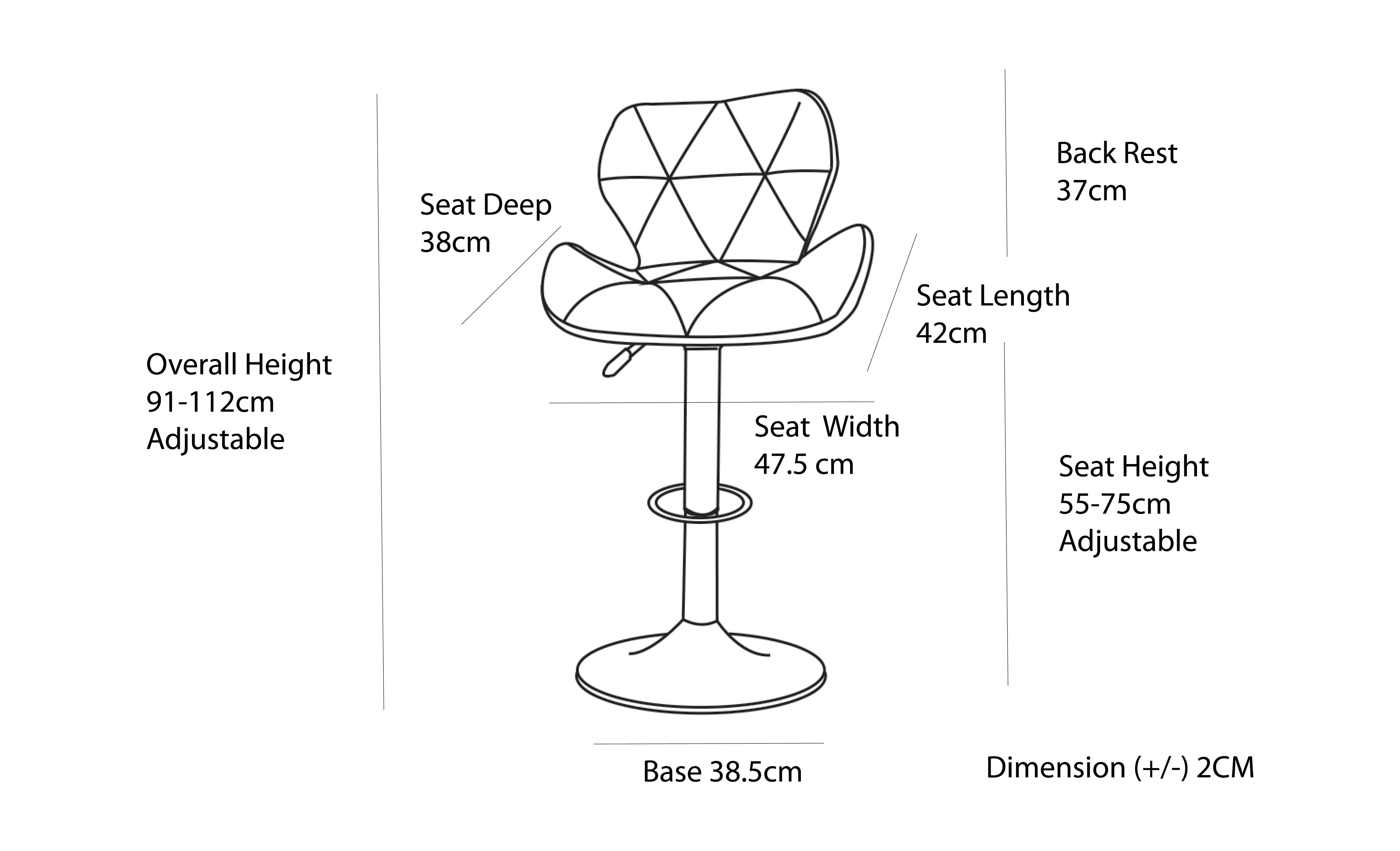 2 Comfortable Barstools (White) w/ Adjustable Height, 90-112cm