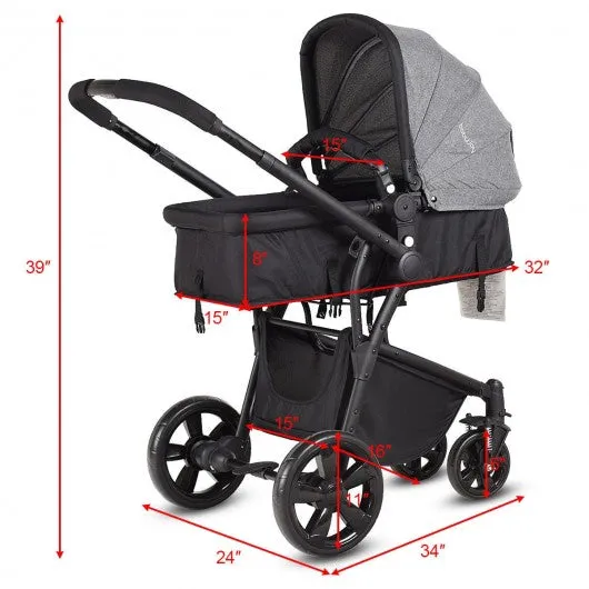 2-in-1 Folding Aluminum Buggy Newborn Travel Baby Stroller-Gray