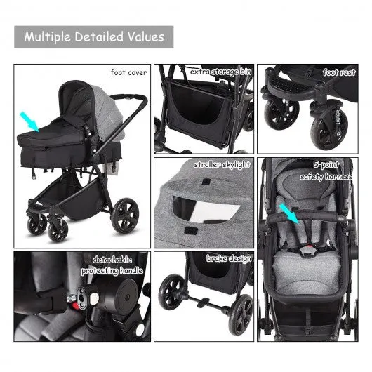 2-in-1 Folding Aluminum Buggy Newborn Travel Baby Stroller-Gray