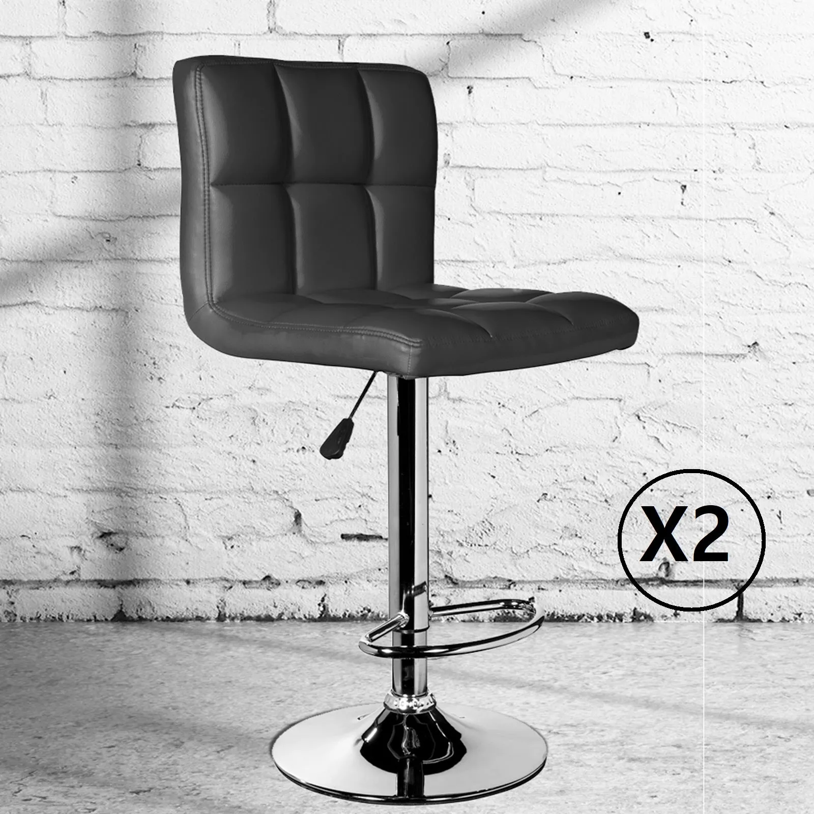2 x Decor Stella Adjustable Barstools | Black High Back | Chrome | Swivel