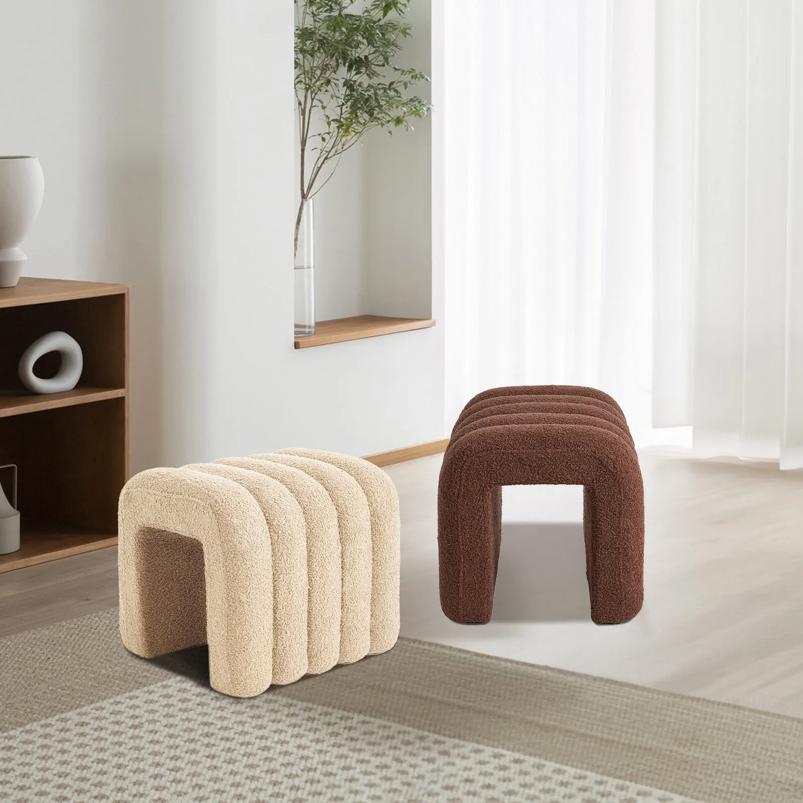 2X Ridge Arch Ottoman Stool | Teddy Fleece Fabric Foot Rest | 45cm | Beige