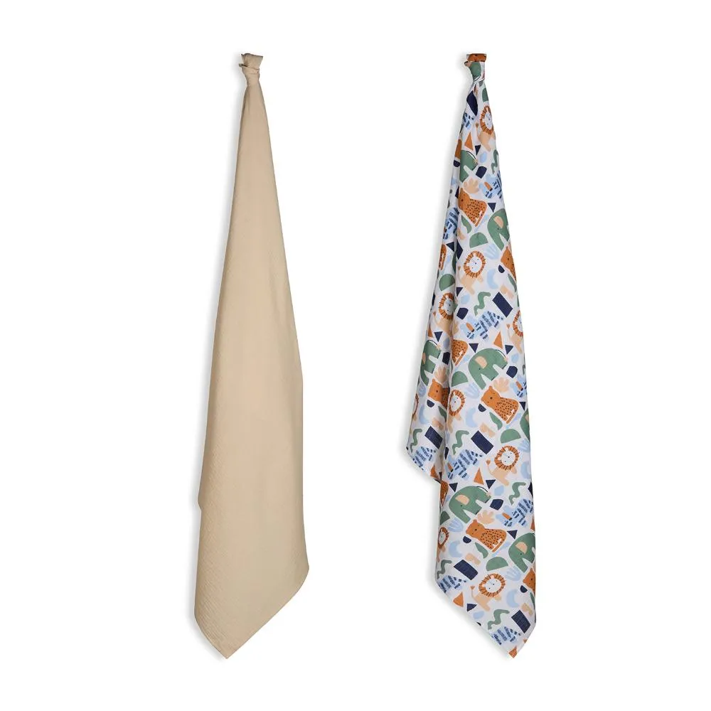 3 in 1 Muslin Swaddle Wrapper Pack of 2 (Size 41x41 Inches) Animal Print & Oatmeal