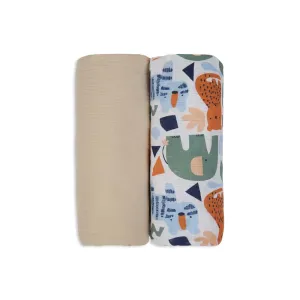 3 in 1 Muslin Swaddle Wrapper Pack of 2 (Size 41x41 Inches) Animal Print & Oatmeal