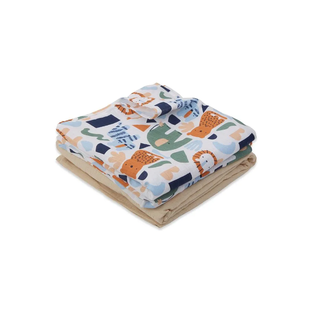 3 in 1 Muslin Swaddle Wrapper Pack of 2 (Size 41x41 Inches) Animal Print & Oatmeal
