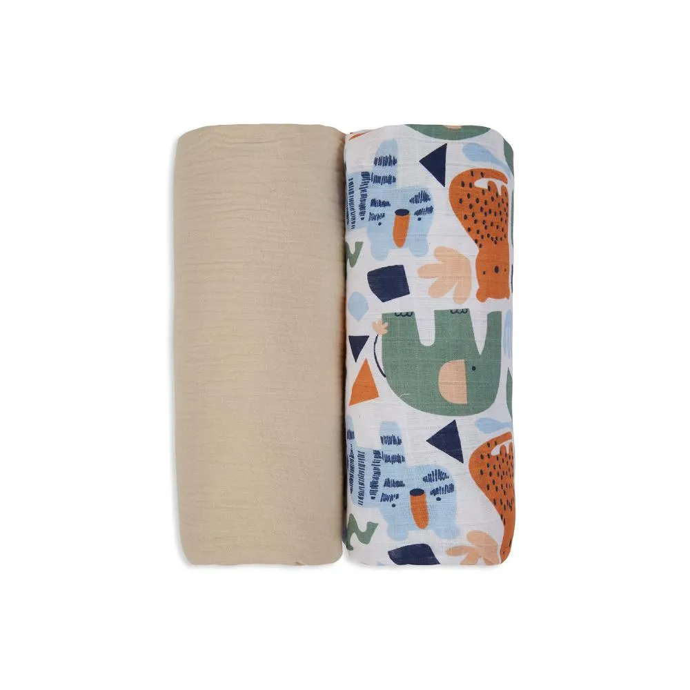 3 in 1 Muslin Swaddle Wrapper Pack of 2 (Size 41x41 Inches) Animal Print & Oatmeal