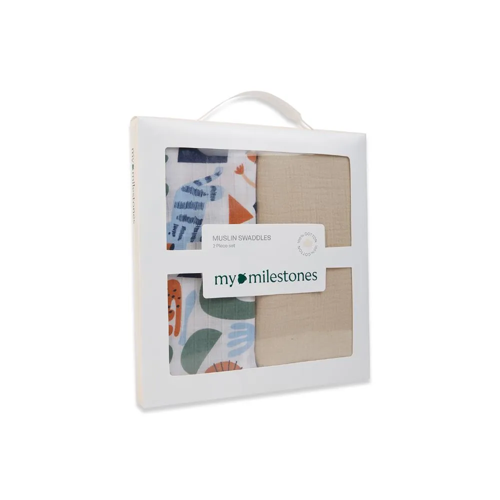 3 in 1 Muslin Swaddle Wrapper Pack of 2 (Size 41x41 Inches) Animal Print & Oatmeal