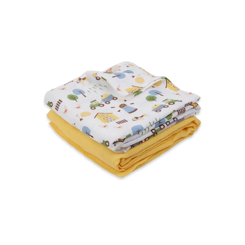 3 in 1 Muslin Swaddle Wrapper Pack of 2 (Size 41x41 Inches) Barnyard Print & Yellow