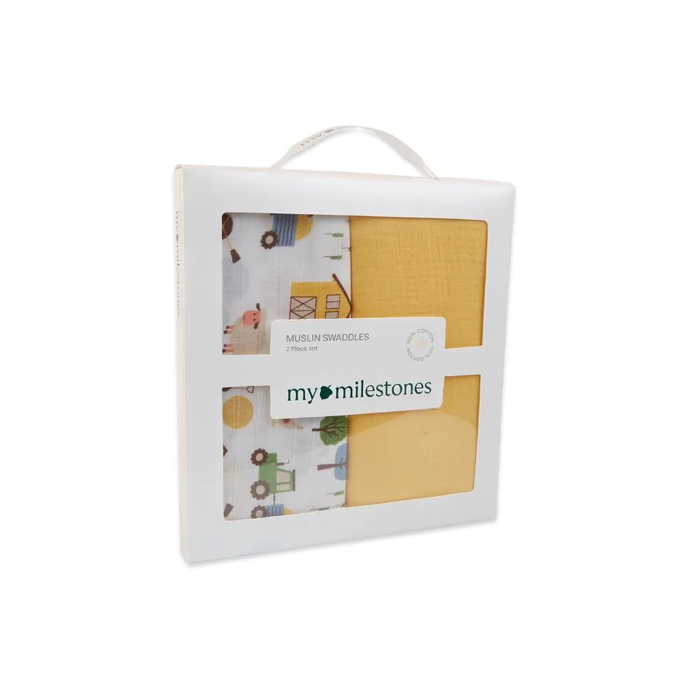 3 in 1 Muslin Swaddle Wrapper Pack of 2 (Size 41x41 Inches) Barnyard Print & Yellow