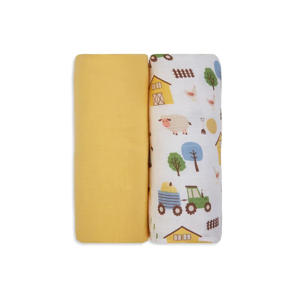 3 in 1 Muslin Swaddle Wrapper Pack of 2 (Size 41x41 Inches) Barnyard Print & Yellow