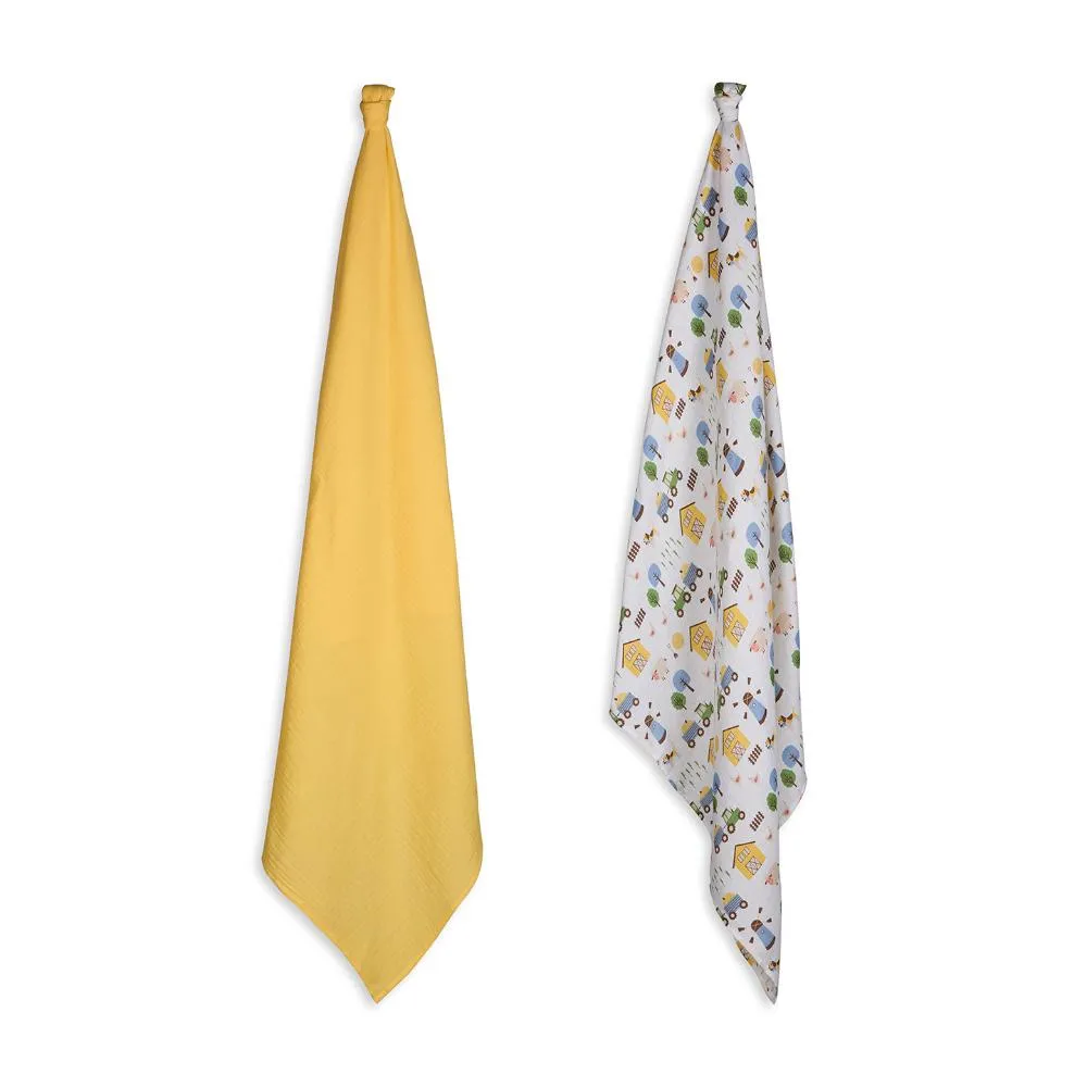 3 in 1 Muslin Swaddle Wrapper Pack of 2 (Size 41x41 Inches) Barnyard Print & Yellow
