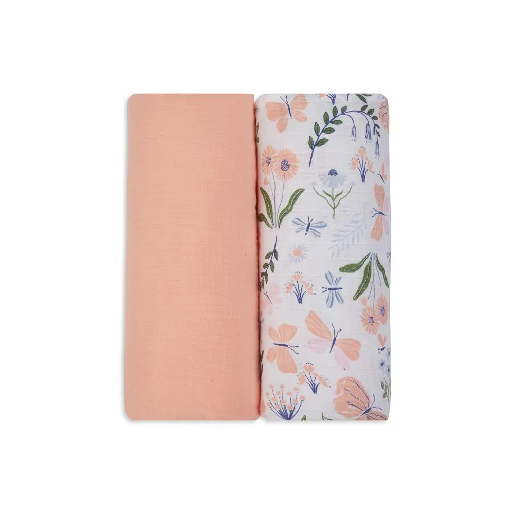 3 in 1 Muslin Swaddle Wrapper Pack of 2 (Size 41x41 Inches) Butterfly Print & Peach