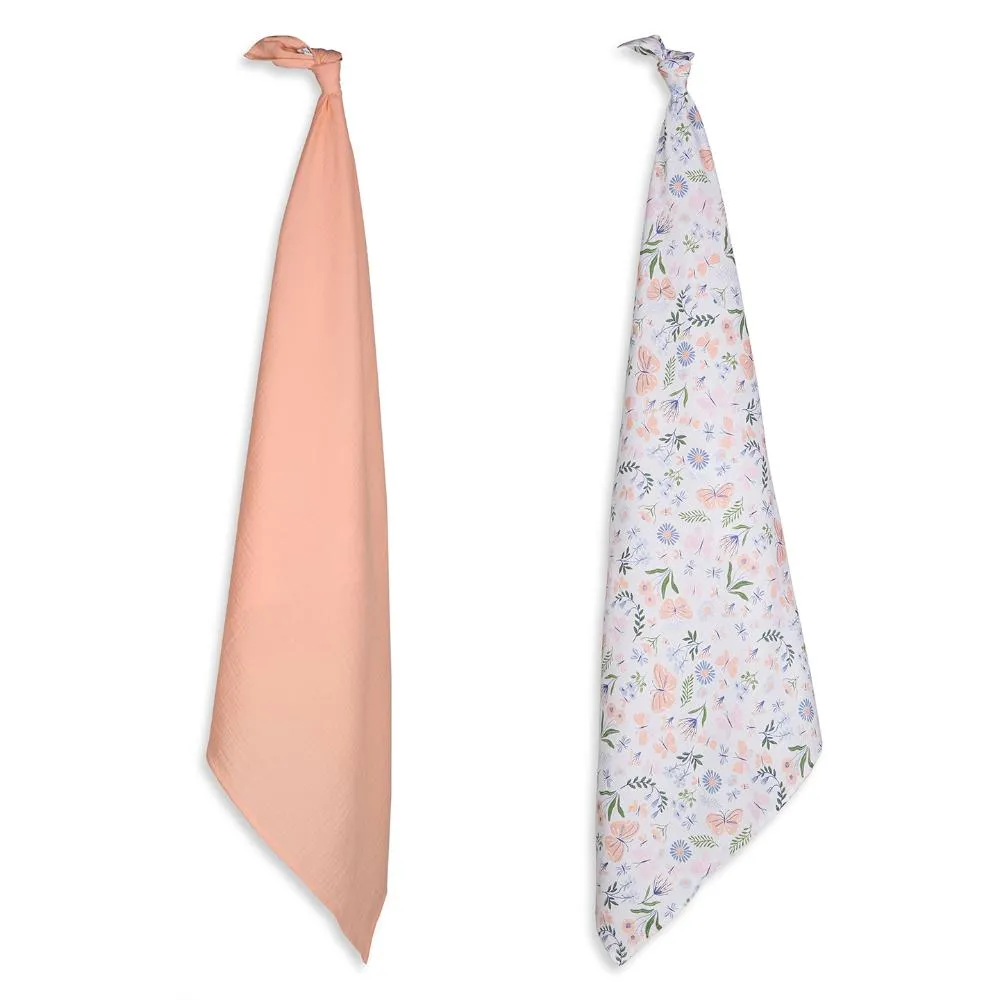 3 in 1 Muslin Swaddle Wrapper Pack of 2 (Size 41x41 Inches) Butterfly Print & Peach