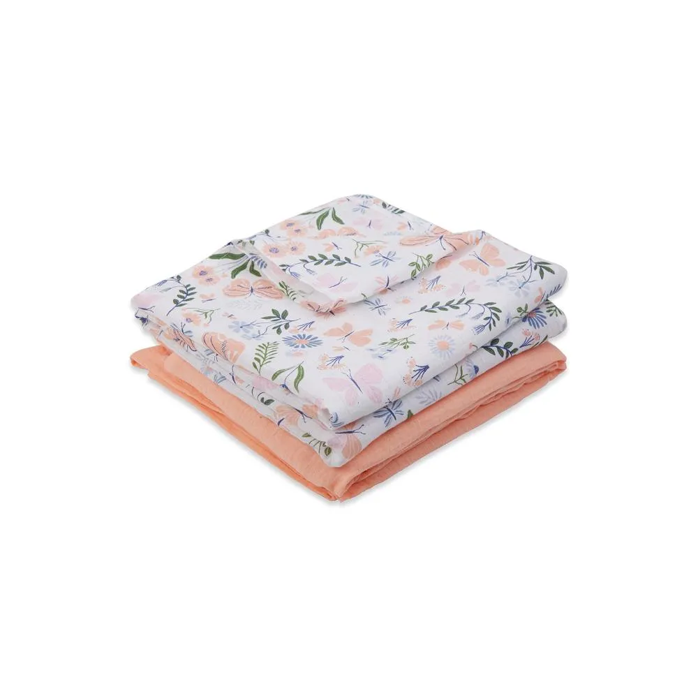 3 in 1 Muslin Swaddle Wrapper Pack of 2 (Size 41x41 Inches) Butterfly Print & Peach