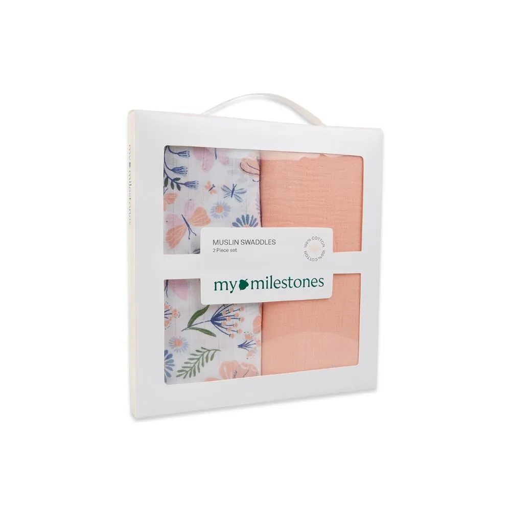 3 in 1 Muslin Swaddle Wrapper Pack of 2 (Size 41x41 Inches) Butterfly Print & Peach