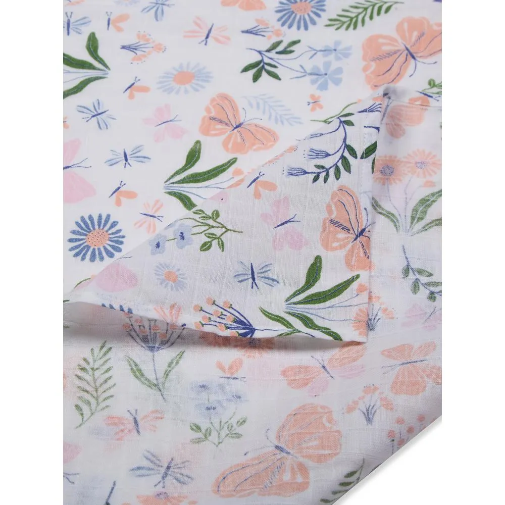 3 in 1 Muslin Swaddle Wrapper Pack of 2 (Size 41x41 Inches) Butterfly Print & Peach