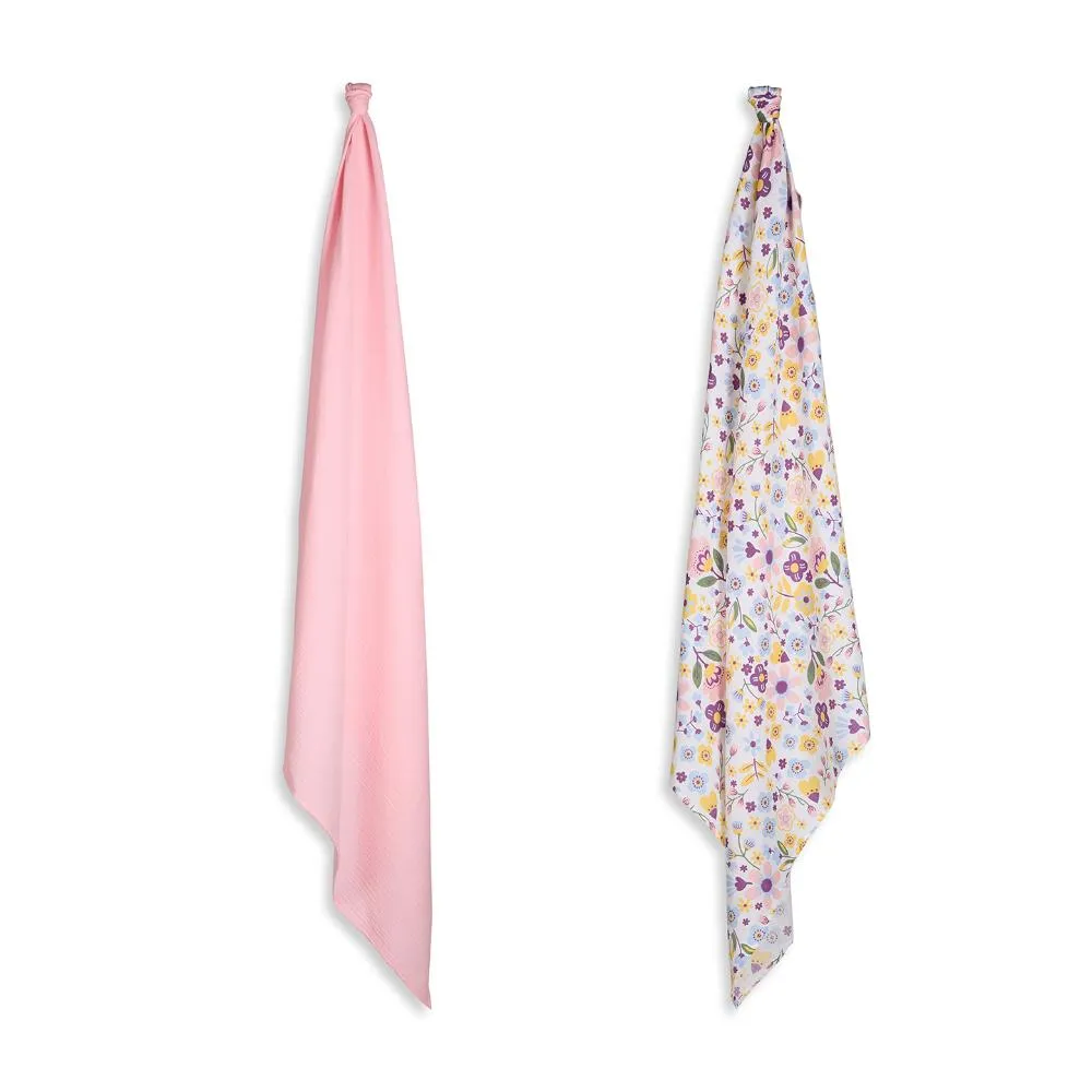 3 in 1 Muslin Swaddle Wrapper Pack of 2 (Size 41x41 Inches) Floral Print & Pink