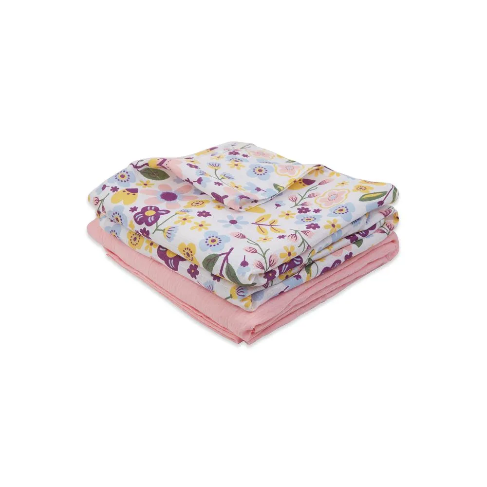 3 in 1 Muslin Swaddle Wrapper Pack of 2 (Size 41x41 Inches) Floral Print & Pink