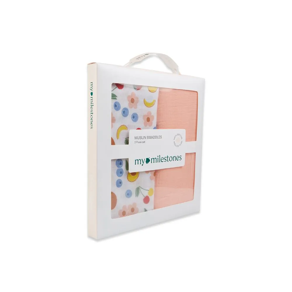 3 in 1 Muslin Swaddle Wrapper Pack of 2 (Size 41x41 Inches) Fruit Print & Peach