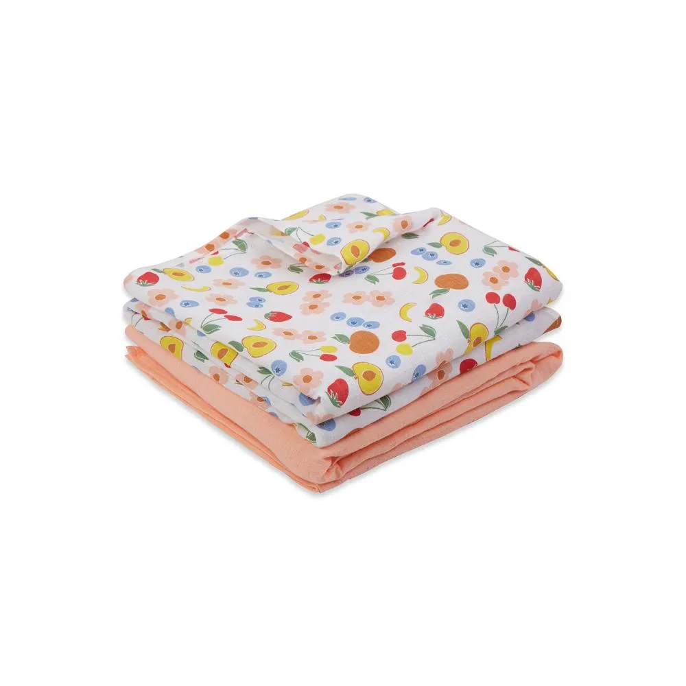3 in 1 Muslin Swaddle Wrapper Pack of 2 (Size 41x41 Inches) Fruit Print & Peach