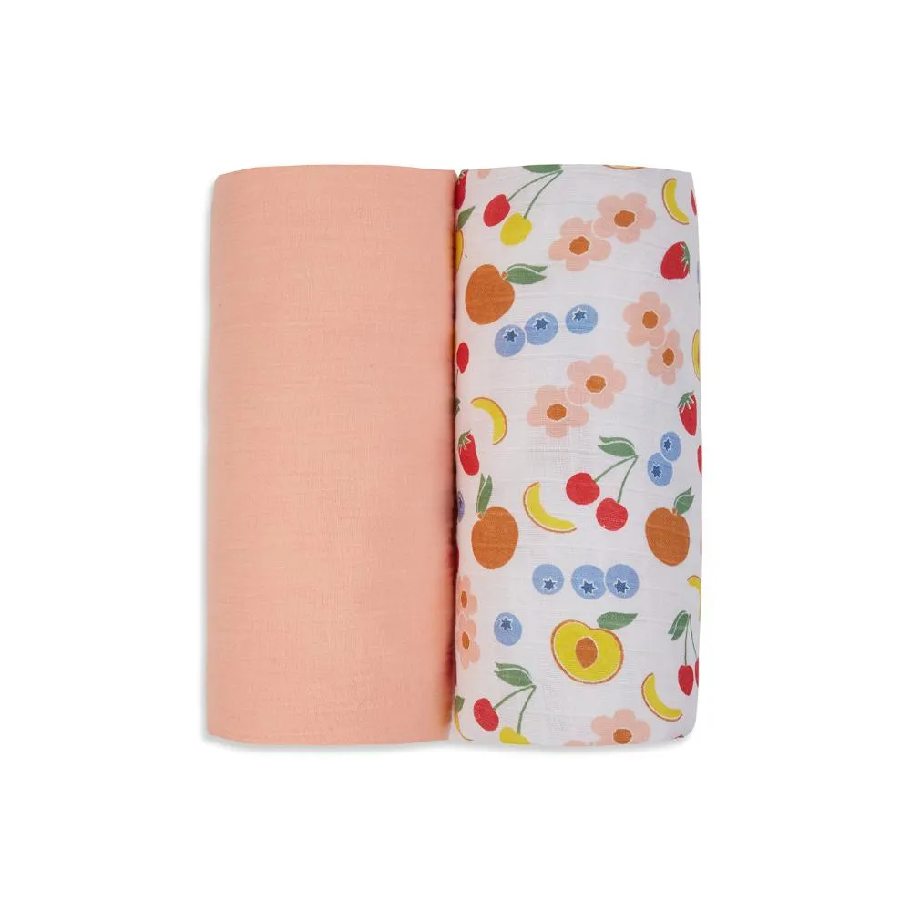 3 in 1 Muslin Swaddle Wrapper Pack of 2 (Size 41x41 Inches) Fruit Print & Peach