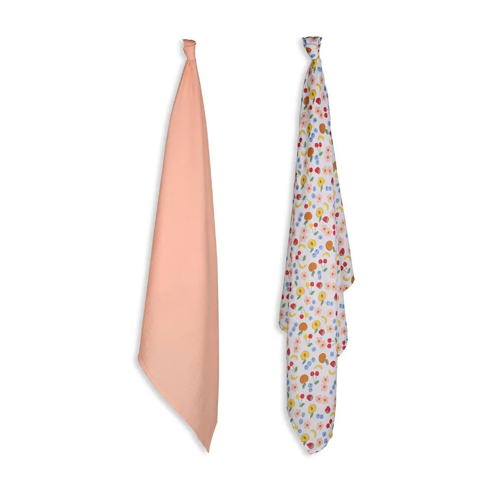 3 in 1 Muslin Swaddle Wrapper Pack of 2 (Size 41x41 Inches) Fruit Print & Peach