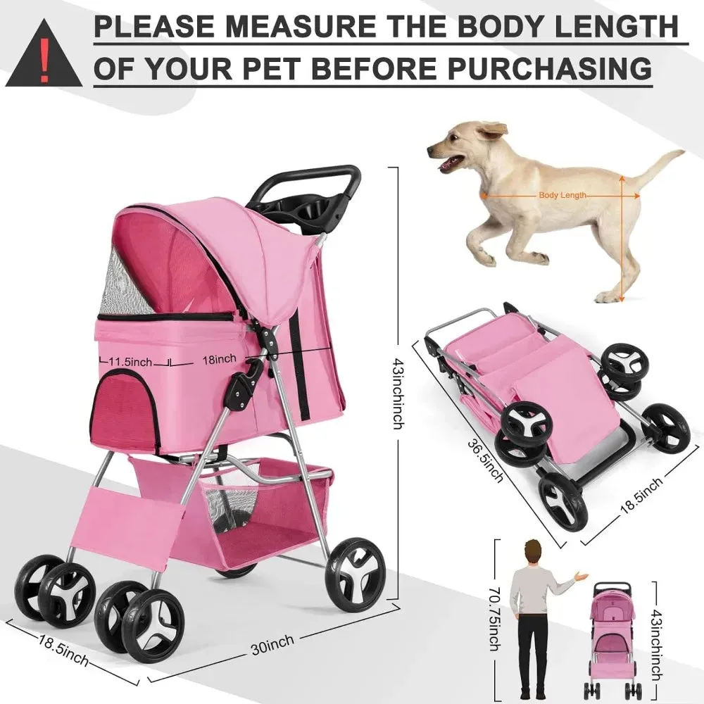 4 Wheel Foldable Pet Stroller with Storage Basket
