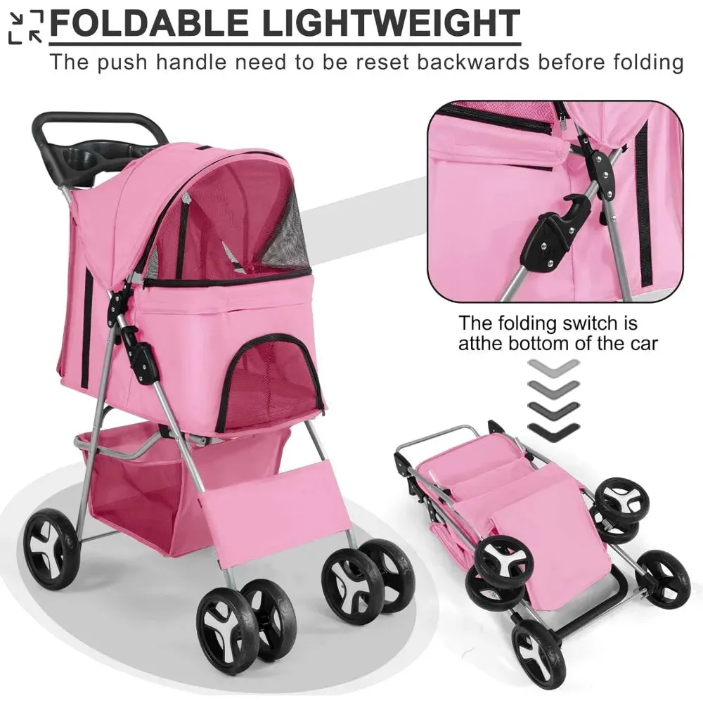 4 Wheel Foldable Pet Stroller with Storage Basket