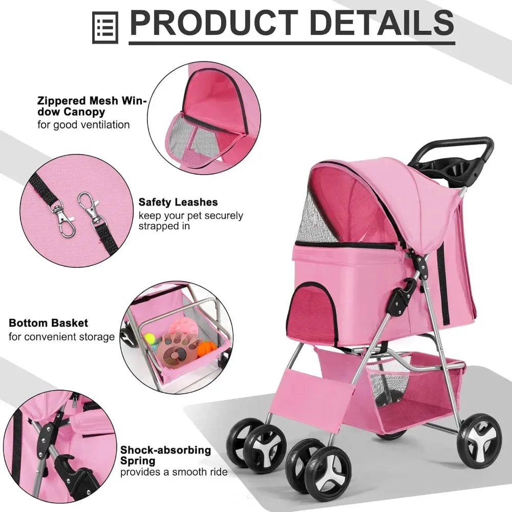 4 Wheel Foldable Pet Stroller with Storage Basket