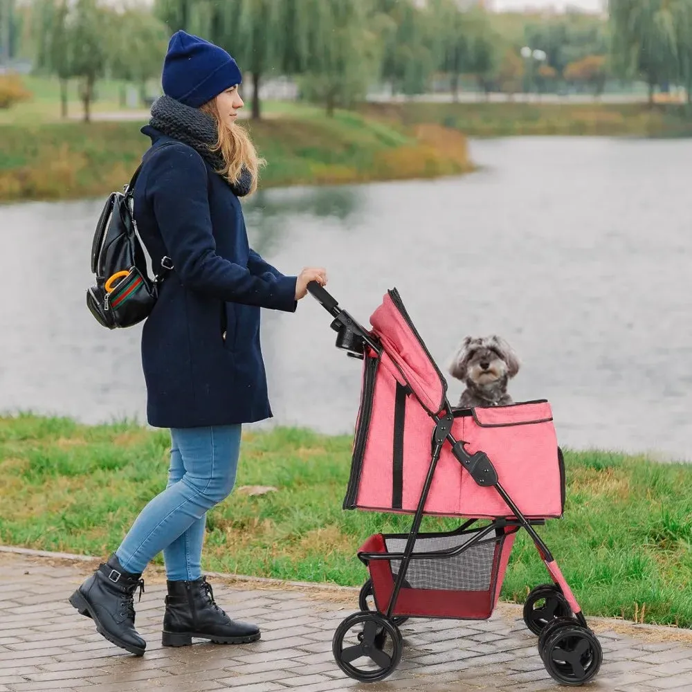 4 Wheel Foldable Pet Stroller with Storage Basket