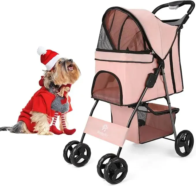 4 Wheel Foldable Pet Stroller with Storage Basket