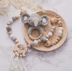 Crochet Elephant Pram Garland and Dummy Chain & Rattle Gift Set