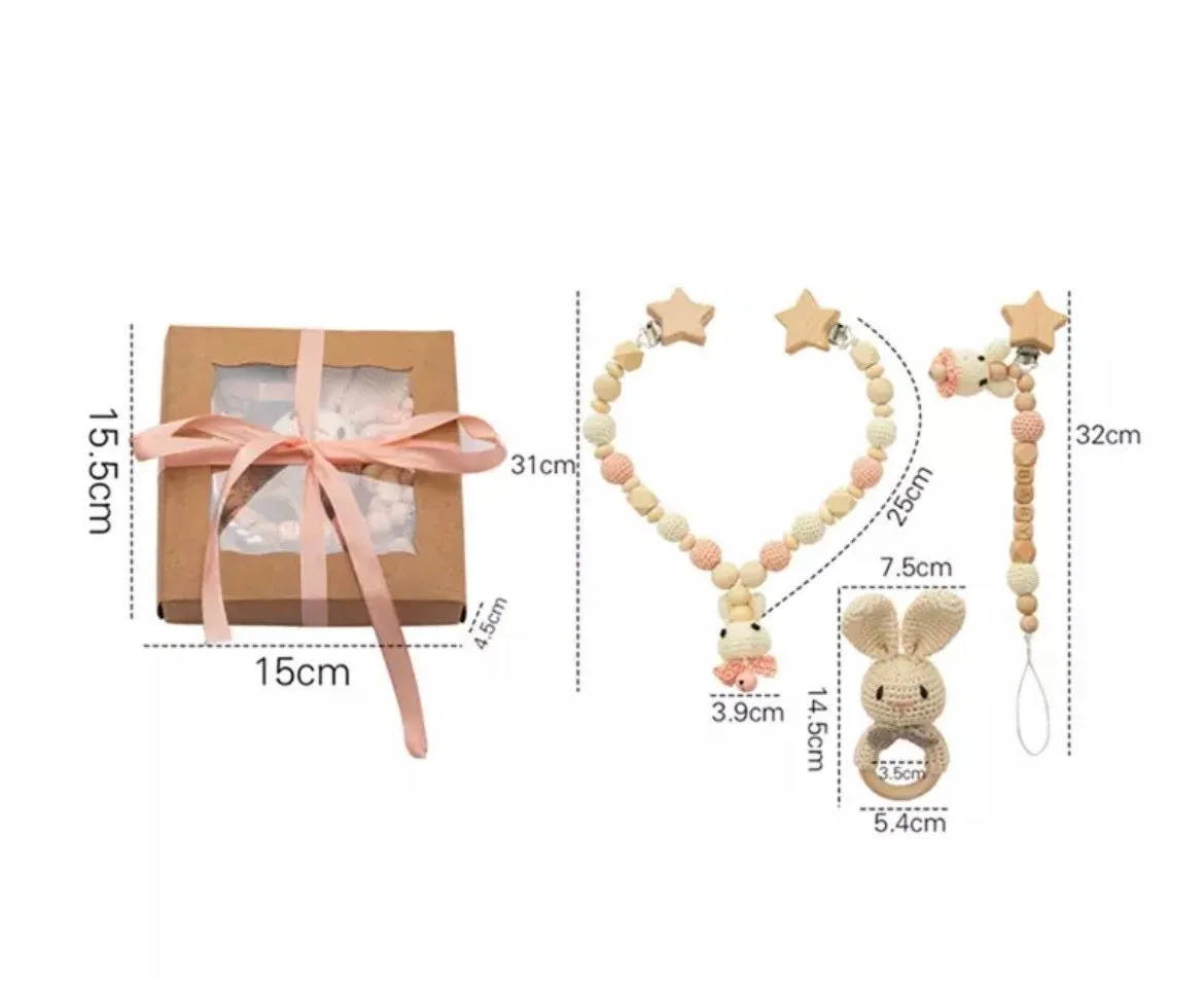 Crochet Elephant Pram Garland and Dummy Chain & Rattle Gift Set