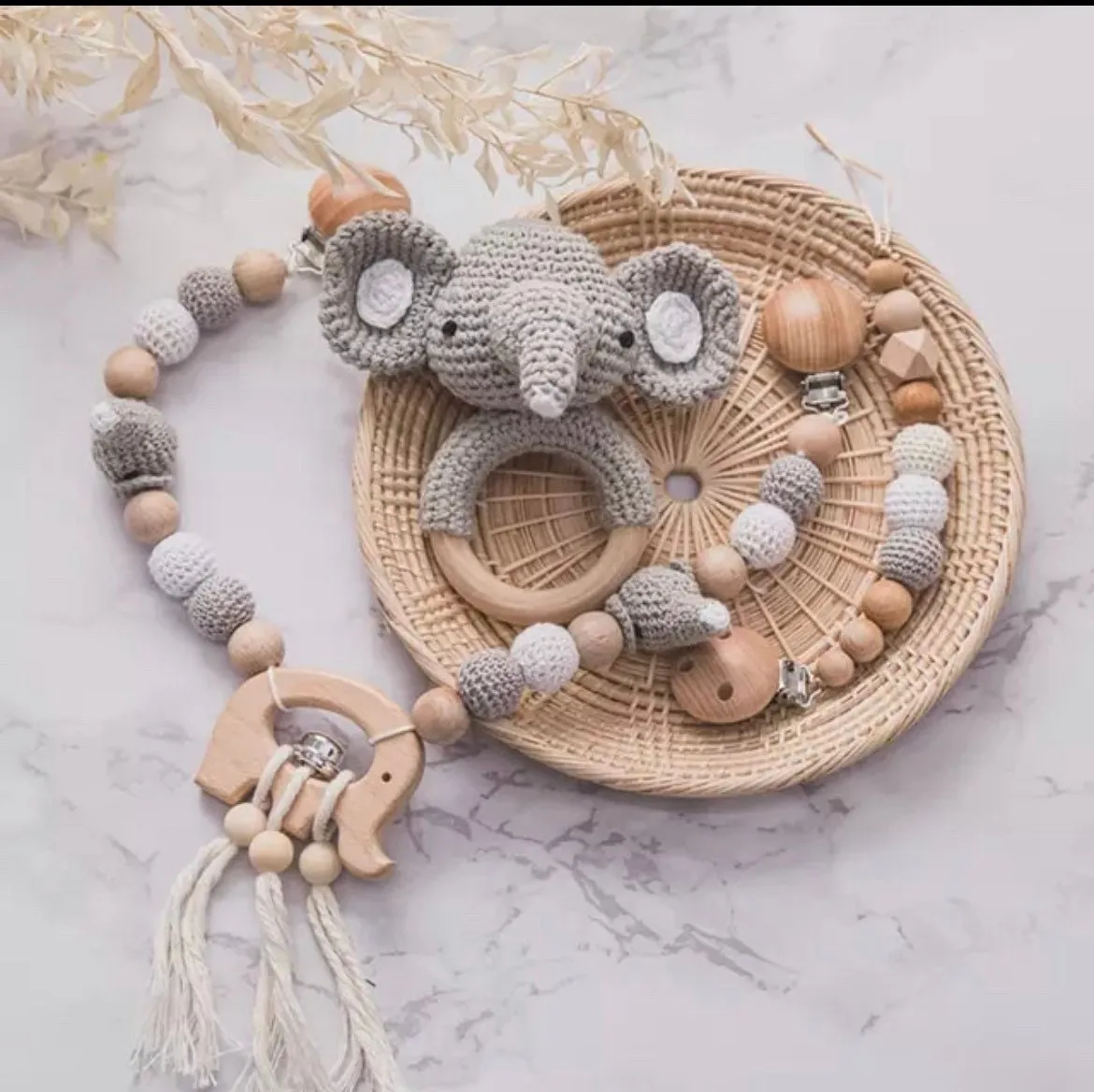 Crochet Elephant Pram Garland and Dummy Chain & Rattle Gift Set