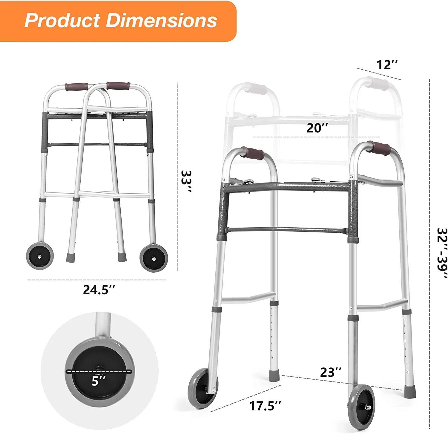 Lightweight Aluminum Alloy Folding Walker with 5 Wheels, 8-Level Height Adjustable Supports up to 300lbs