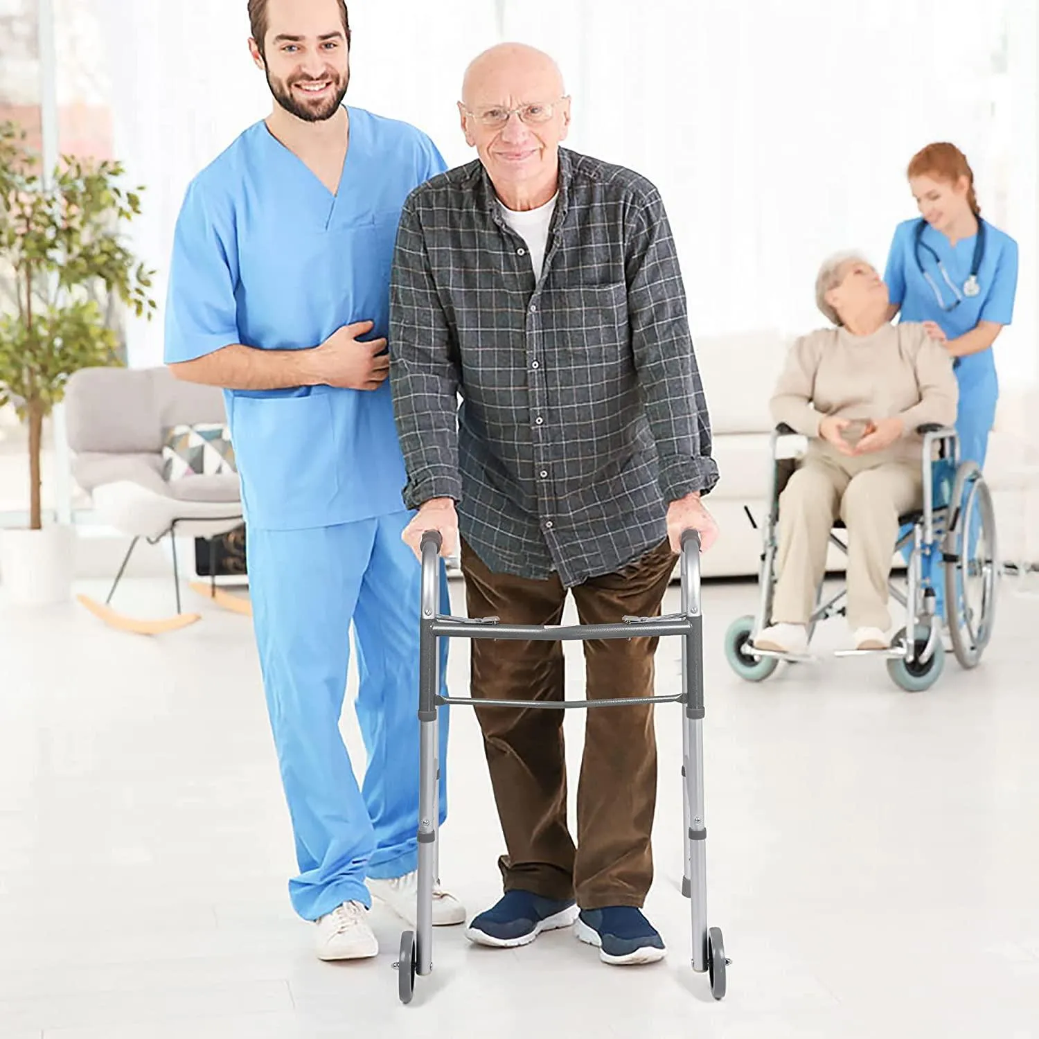 Lightweight Aluminum Alloy Folding Walker with 5 Wheels, 8-Level Height Adjustable Supports up to 300lbs