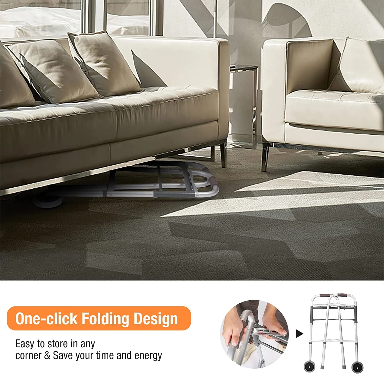 Lightweight Aluminum Alloy Folding Walker with 5 Wheels, 8-Level Height Adjustable Supports up to 300lbs