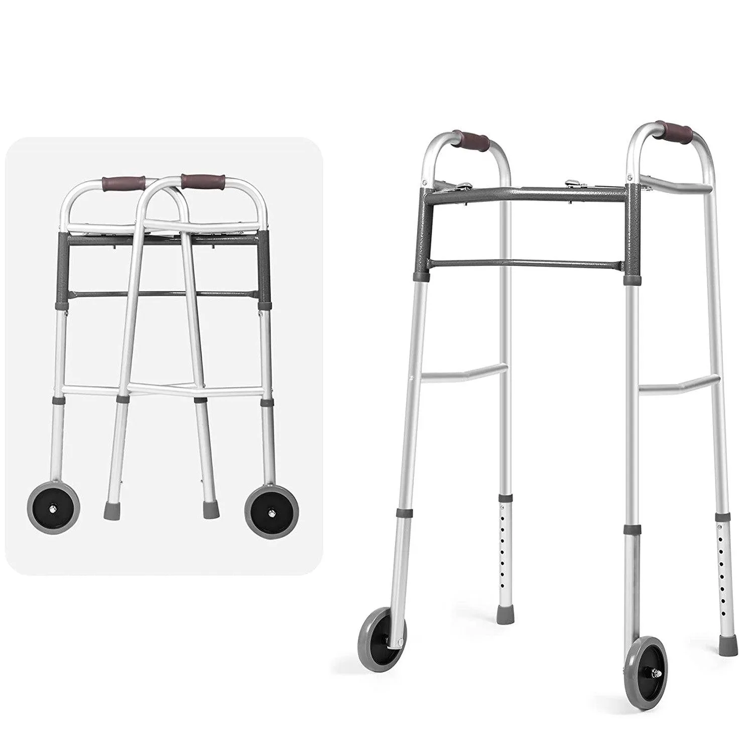 Lightweight Aluminum Alloy Folding Walker with 5 Wheels, 8-Level Height Adjustable Supports up to 300lbs