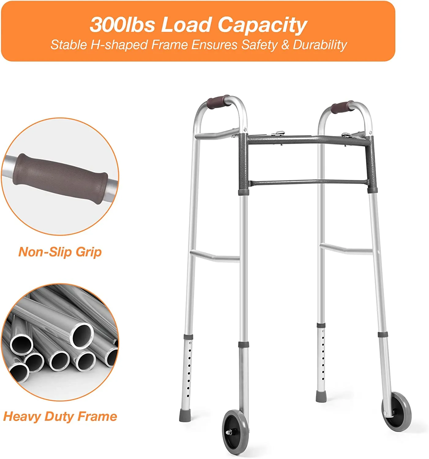 Lightweight Aluminum Alloy Folding Walker with 5 Wheels, 8-Level Height Adjustable Supports up to 300lbs