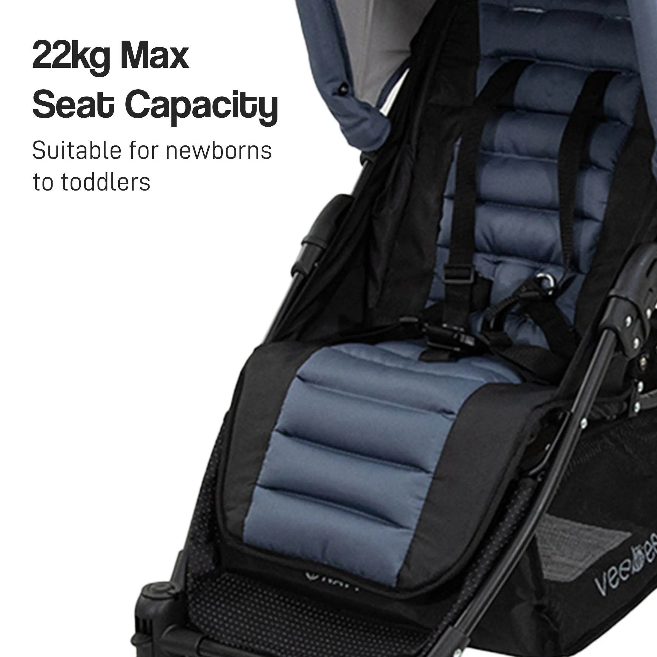 Lightweight Foldable Stroller Pram, UPF 50  Canopy, 22kg Capacity - Veebee