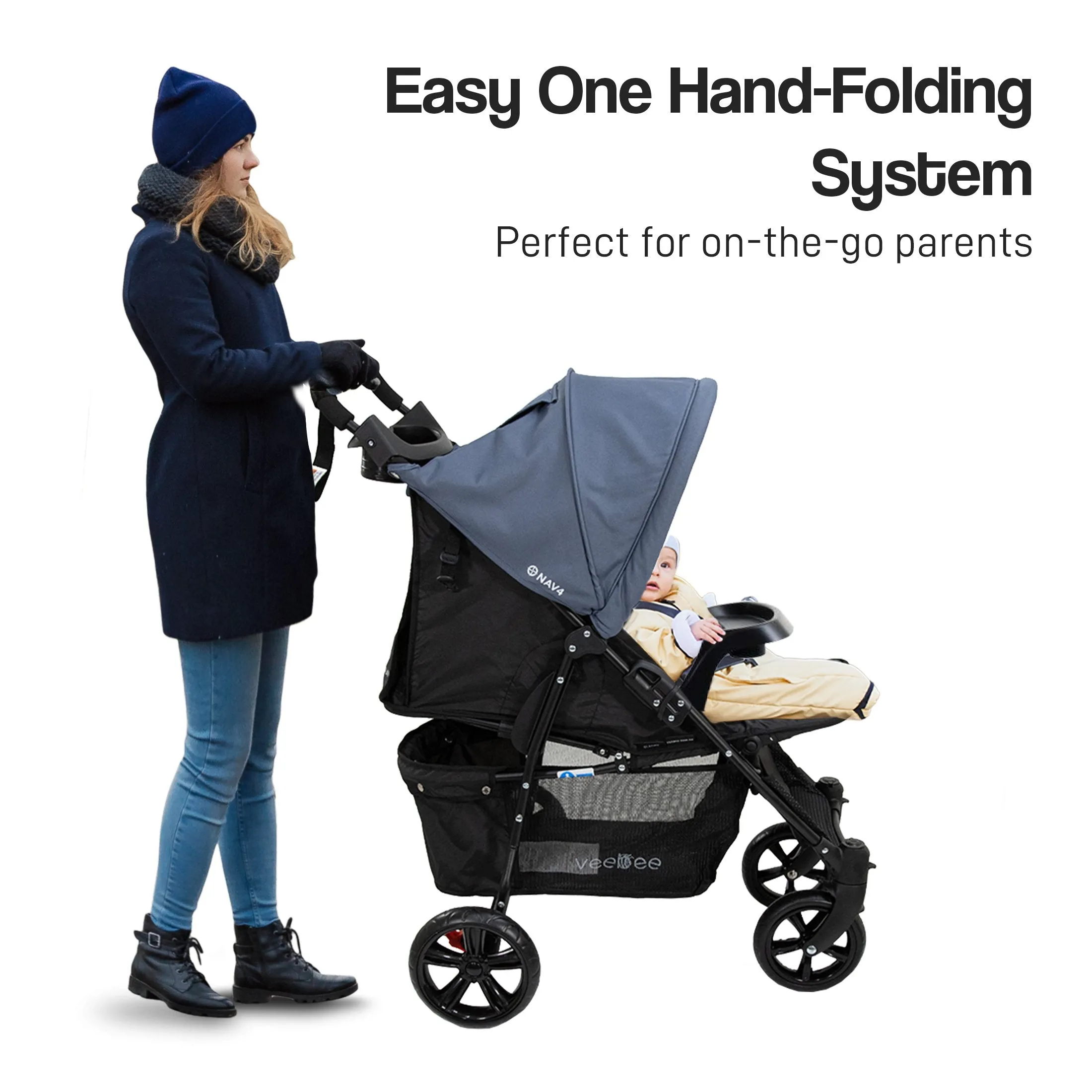 Lightweight Foldable Stroller Pram, UPF 50  Canopy, 22kg Capacity - Veebee