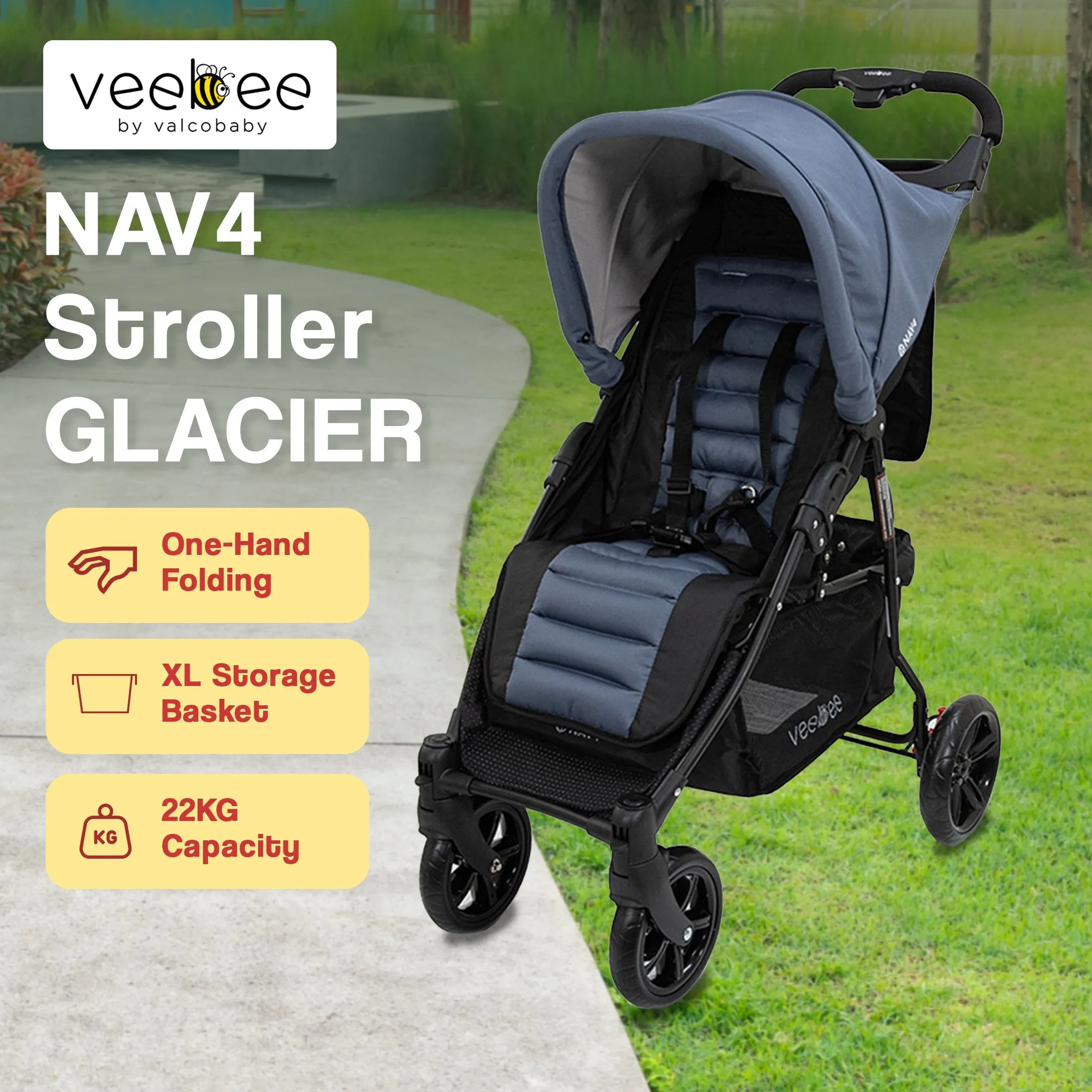 Lightweight Foldable Stroller Pram, UPF 50  Canopy, 22kg Capacity - Veebee