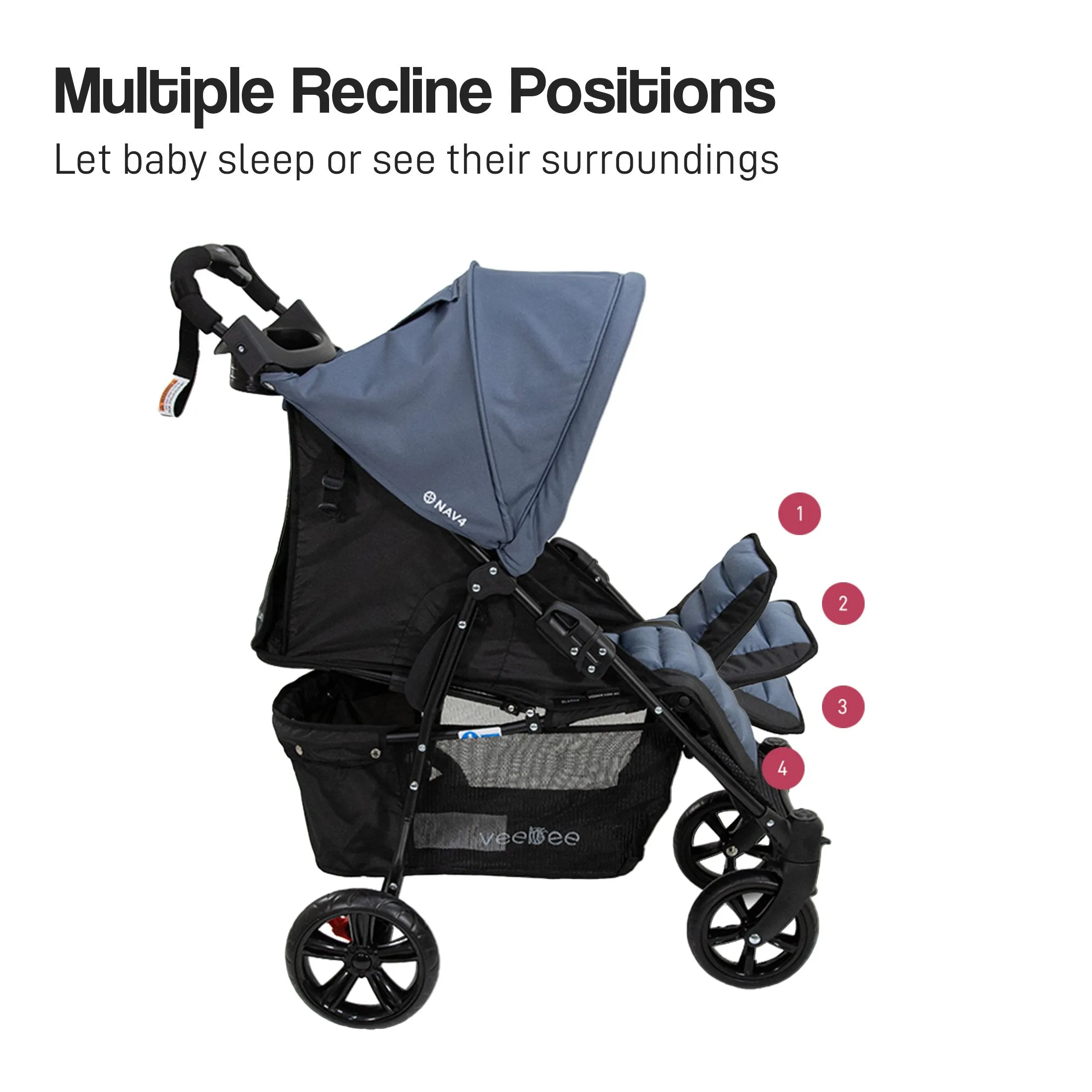 Lightweight Foldable Stroller Pram, UPF 50  Canopy, 22kg Capacity - Veebee