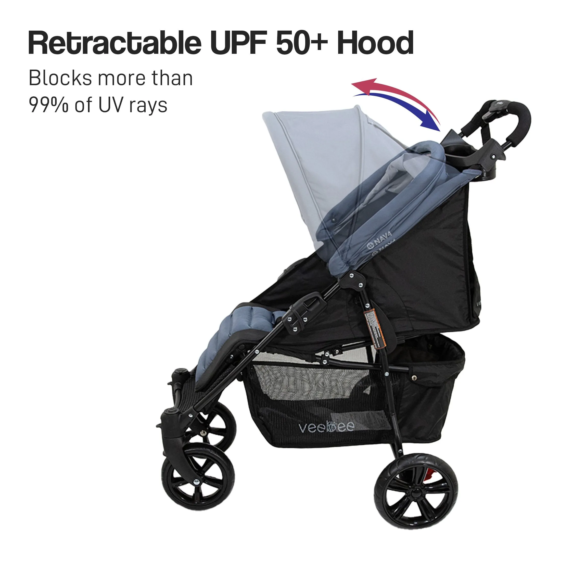 Lightweight Foldable Stroller Pram, UPF 50  Canopy, 22kg Capacity - Veebee
