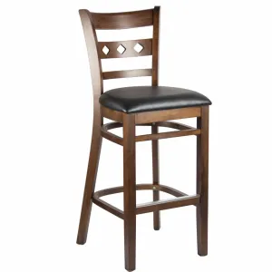 MK6025BS Walnut Finished Ladder Back Wooden Restaurant Barstool with Black Vinyl Seat