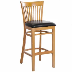 MK6239BS Cherry Finished Vertical Slat Back Wooden Restaurant Barstool with Black Vinyl Seat