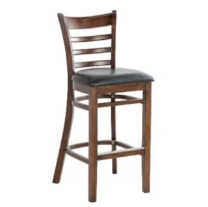 MK6241BS Walnut Finished Ladder Back Wooden Restaurant Barstool with Black Vinyl Seat