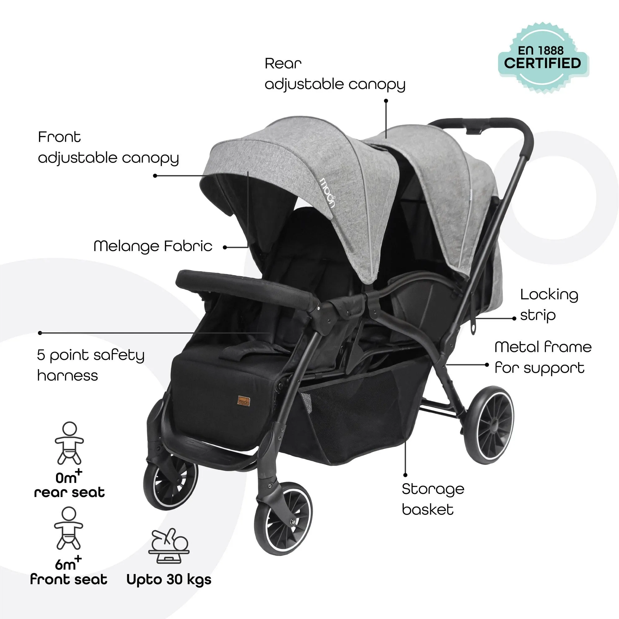 Moon Dios Twin Stroller Grey Birth to 15 kg