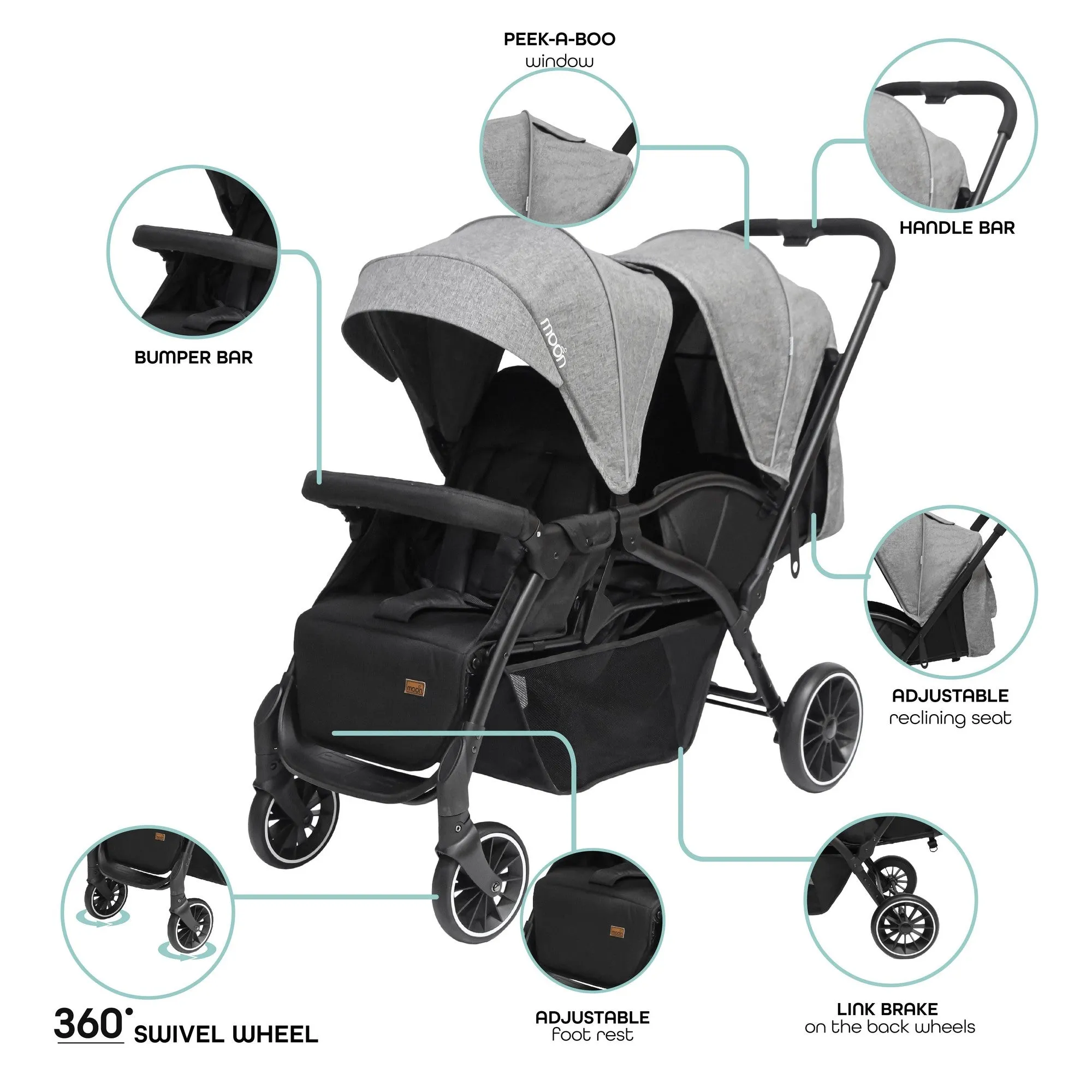Moon Dios Twin Stroller Grey Birth to 15 kg