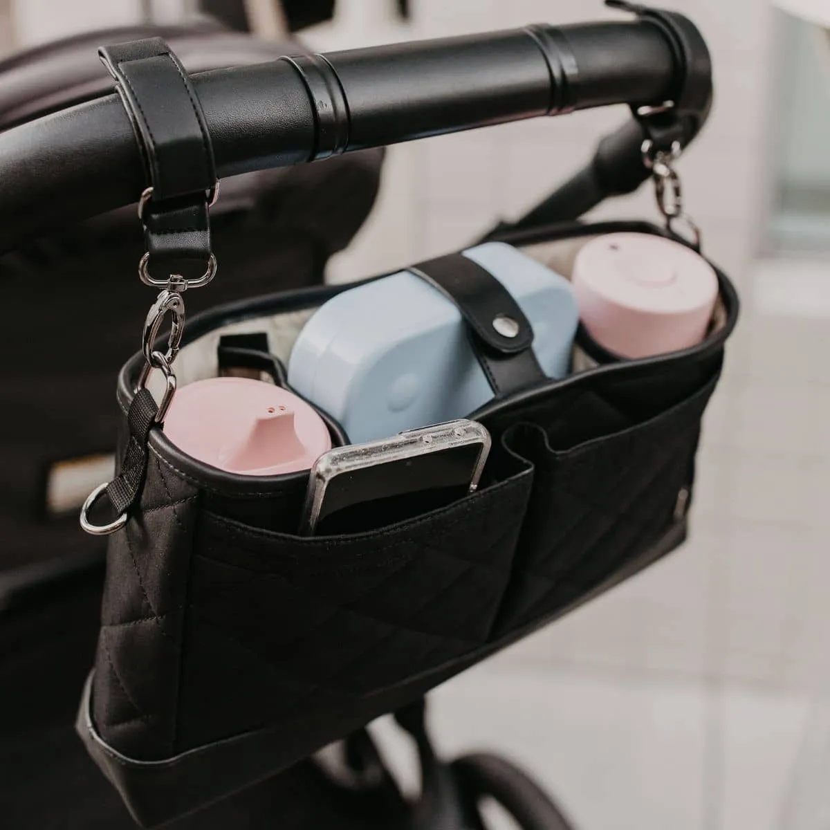 OiOi Diamond Quilt Stroller Organiser/Pram Caddy - Black