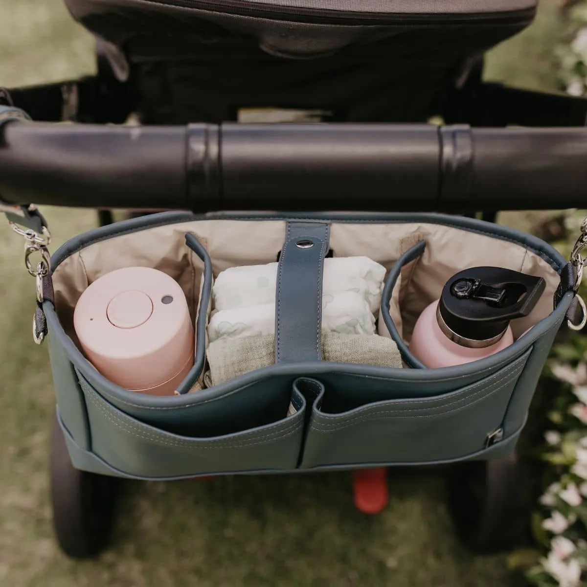 OiOi Vegan Leather Stroller Organiser/Pram Caddy - Stone Blue
